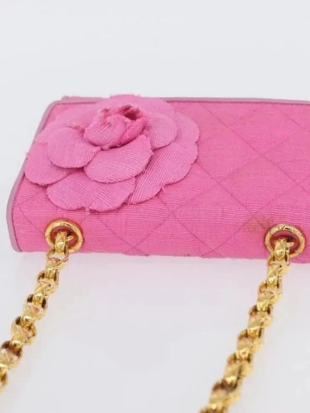 CHANEL Matelasse Chain Camelia Shoulder Bag Canvas Pink Gold CC Auth 172461V